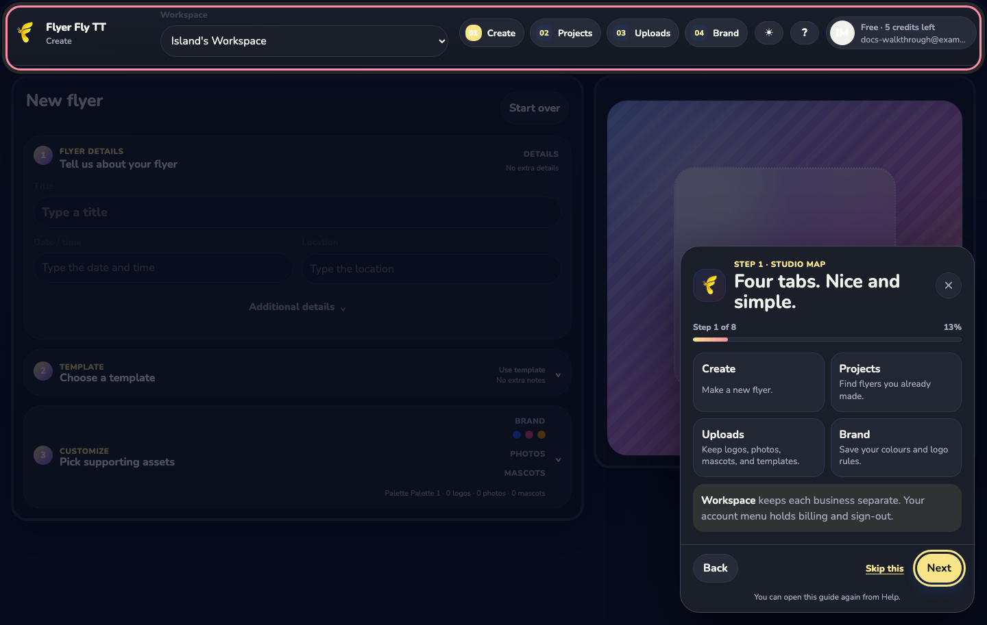 The guided studio map highlighting the Create, Projects, Uploads, and Brand tabs.
