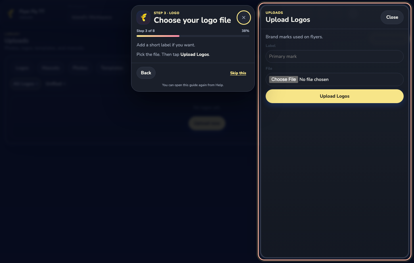 The logo upload drawer with label, file picker, and Upload Logos button.