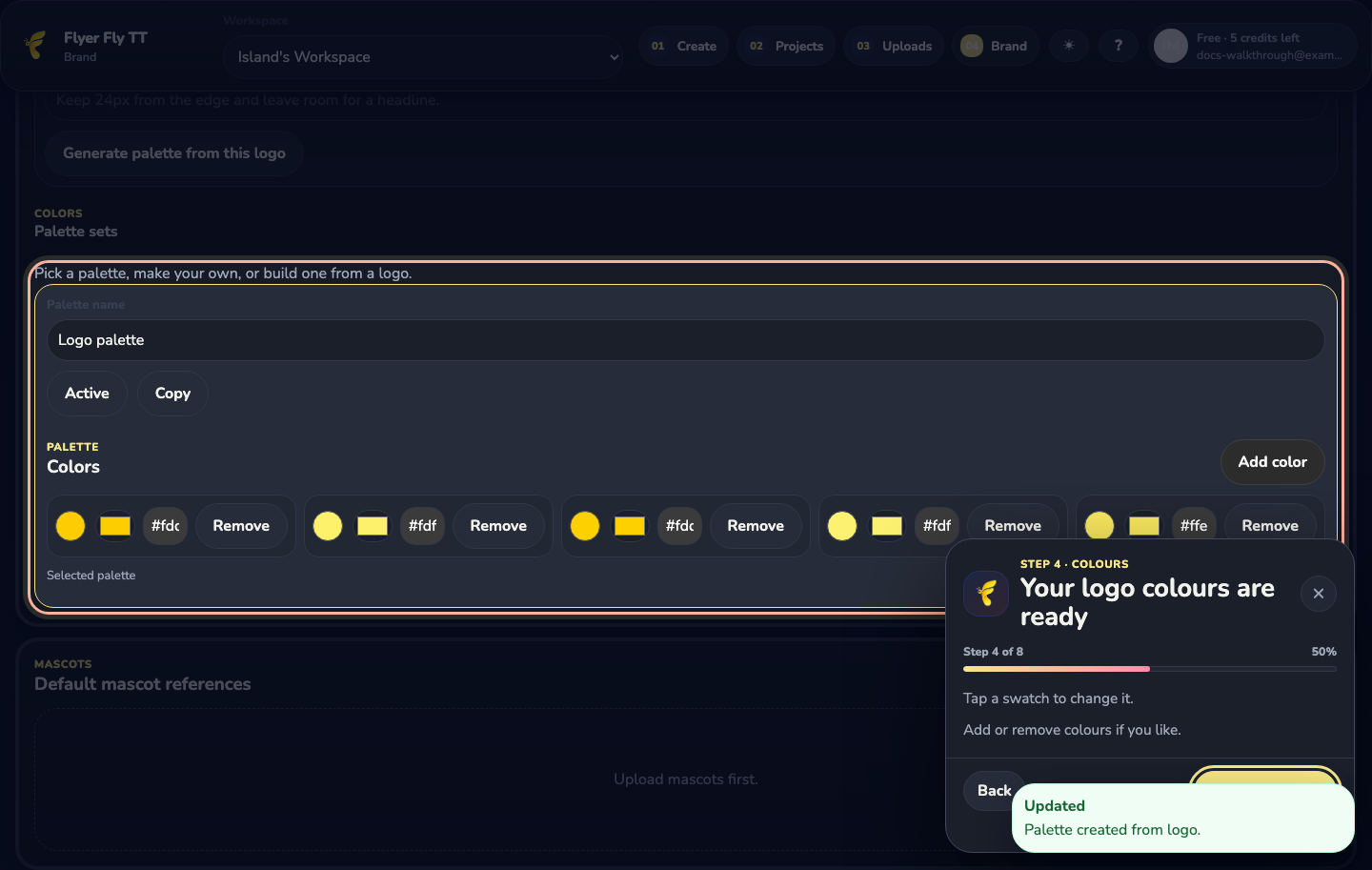 The Brand page showing a palette made from the uploaded yellow logo.