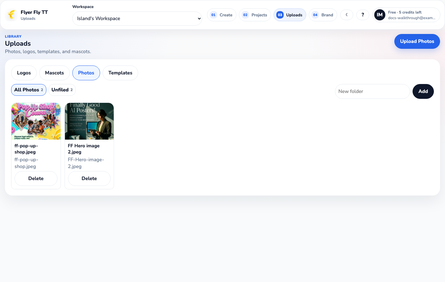 The Uploads page on the Photos tab with photo cards and folder controls.