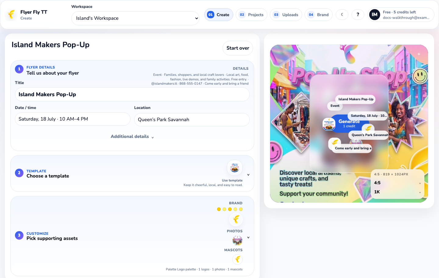 The Create page filled with an Island Makers Pop-Up title, date, location, brand colours, photo, mascot, and template.