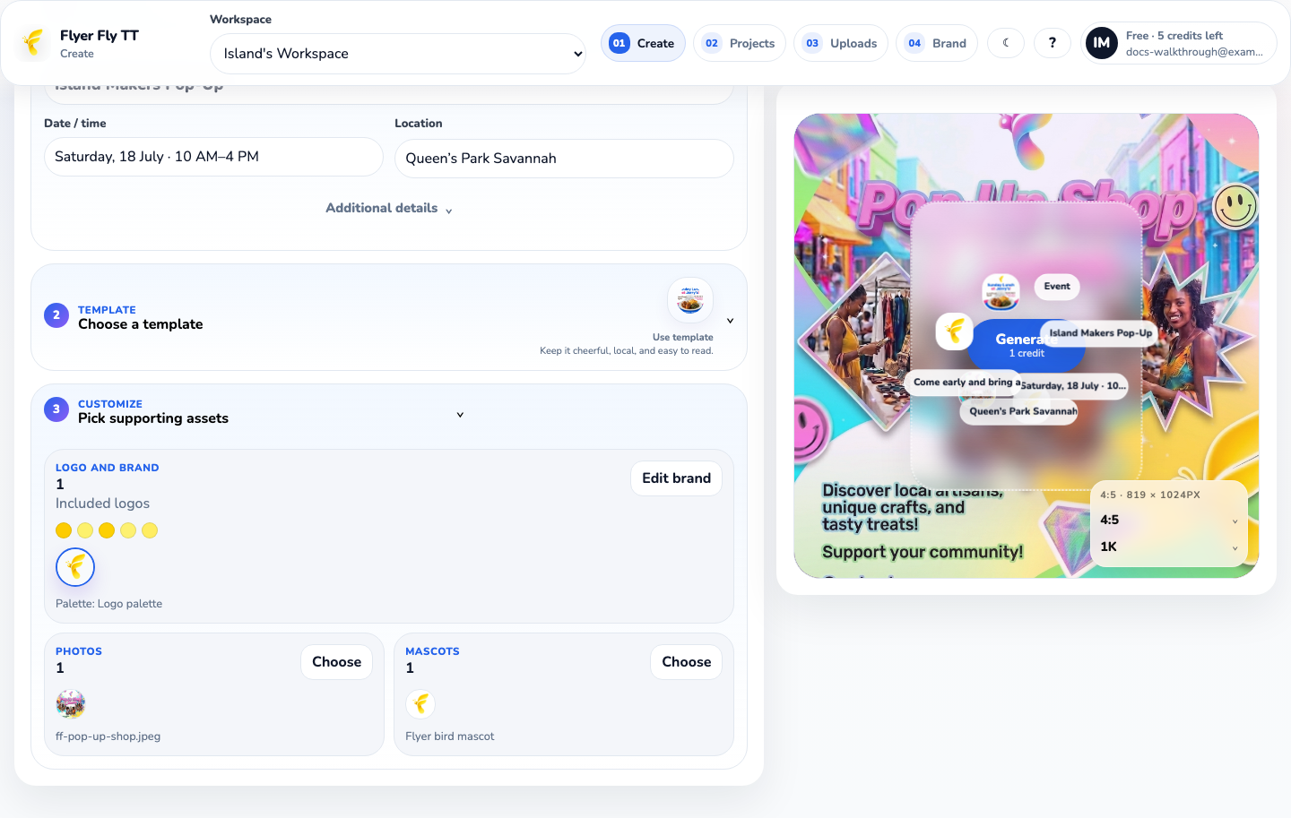 The Create page with the supporting assets section open, showing a logo, yellow palette, photo, and mascot.