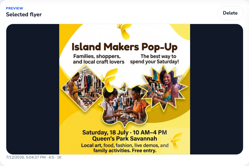 The finished yellow Island Makers Pop-Up poster shown inside the Projects preview.